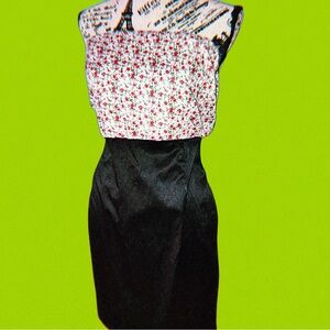 Women's Handmade Pink Floral/Black Strapless Midi Dress (Size M)